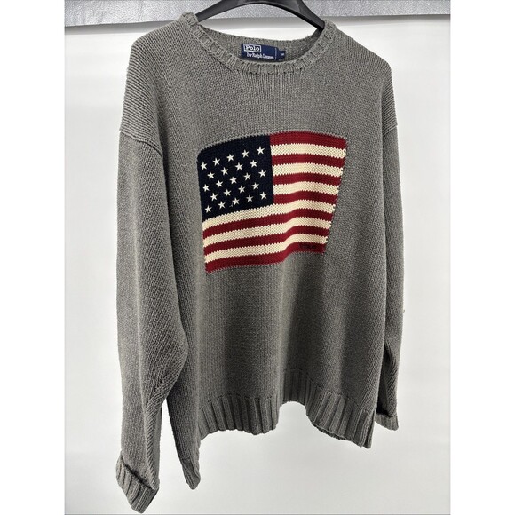 Vintage 90s Polo Ralph Lauren USA Flag Heavy Cotton Knit Sweater Grey Rare RL - Picture 7 of 8